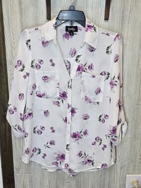 Berry Floral Button-Down Blouse - White with Purple Print